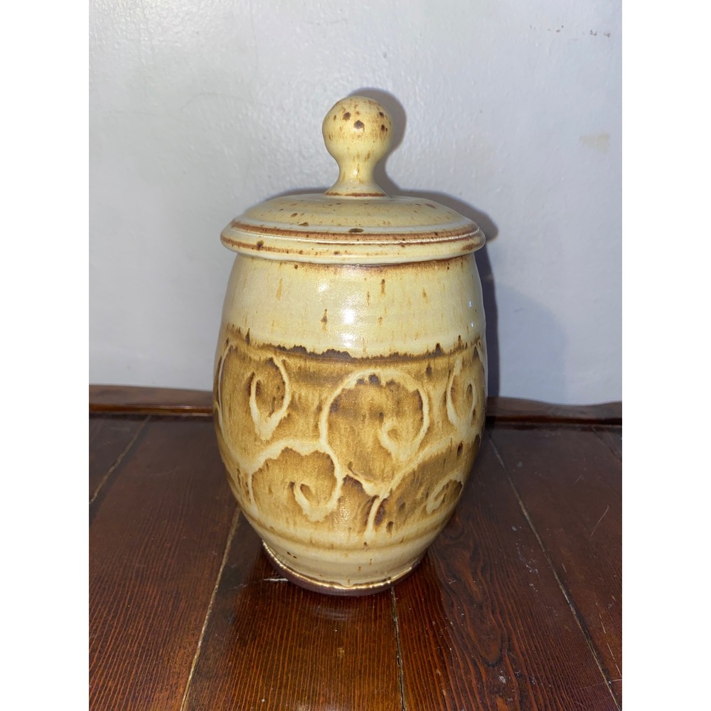 Vintage Studio Pottery Lidded Honey Jar Brown Cream Speckled Stoneware Canister